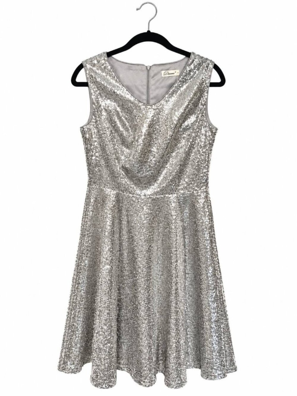 50s 60s Vintage Sleeveless Cocktail Party Dress with Pockets Sequins Silver L